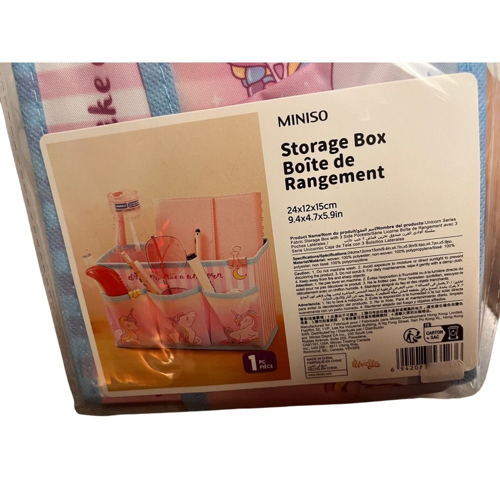 Miniso Storage Box Kids OS Pink New Unicorn Fabric 3 Pockets Organizer